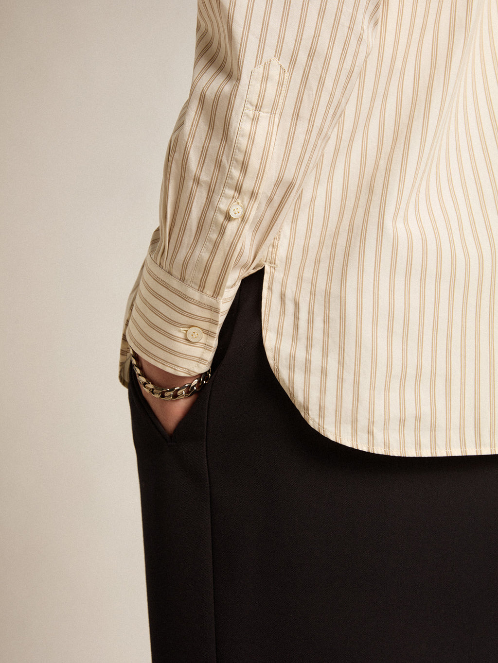 Men's white cotton shirt with beige stripes| Golden Goose