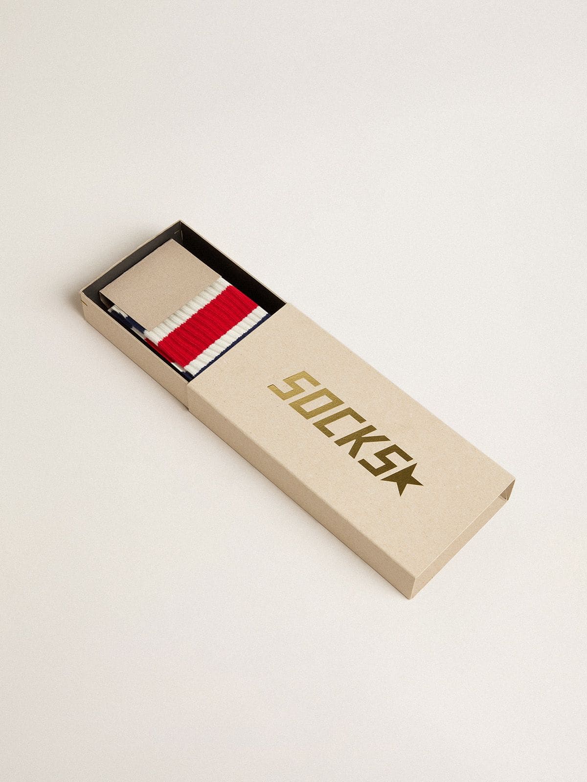 Worn-white socks with distressed details and black and red stripes| Golden Goose