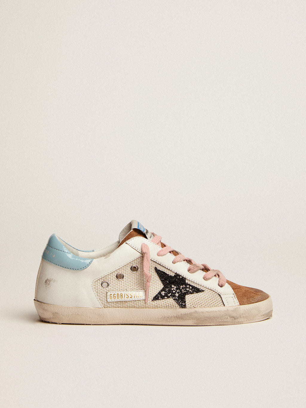 Super-Star sneakers in light gray mesh and white leather with black glitter star| Golden Goose