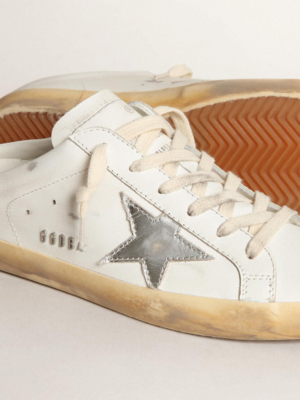 Super-Star Sabots in white leather with silver metallic leather star| Golden Goose