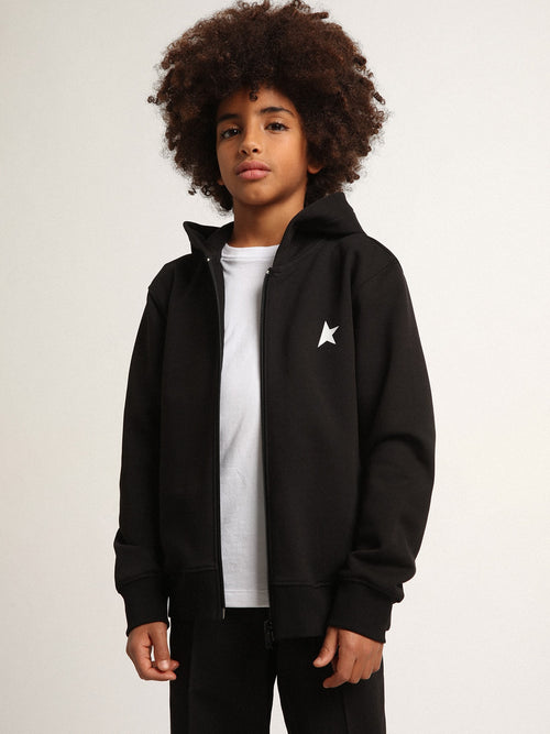 Black hooded sweatshirt with contrasting white star and logo| Golden Goose