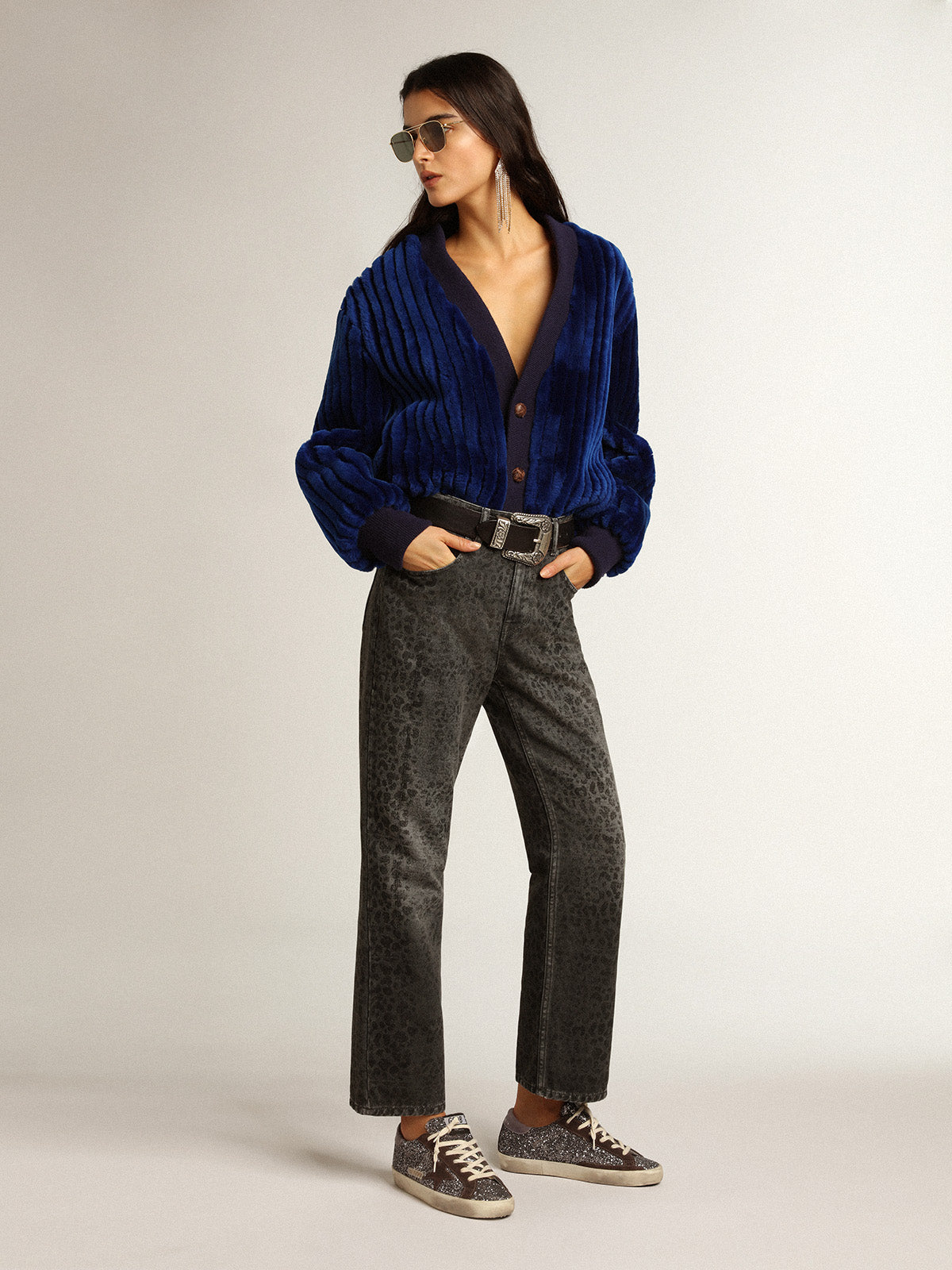 Women's gray jeans with leopard print| Golden Goose