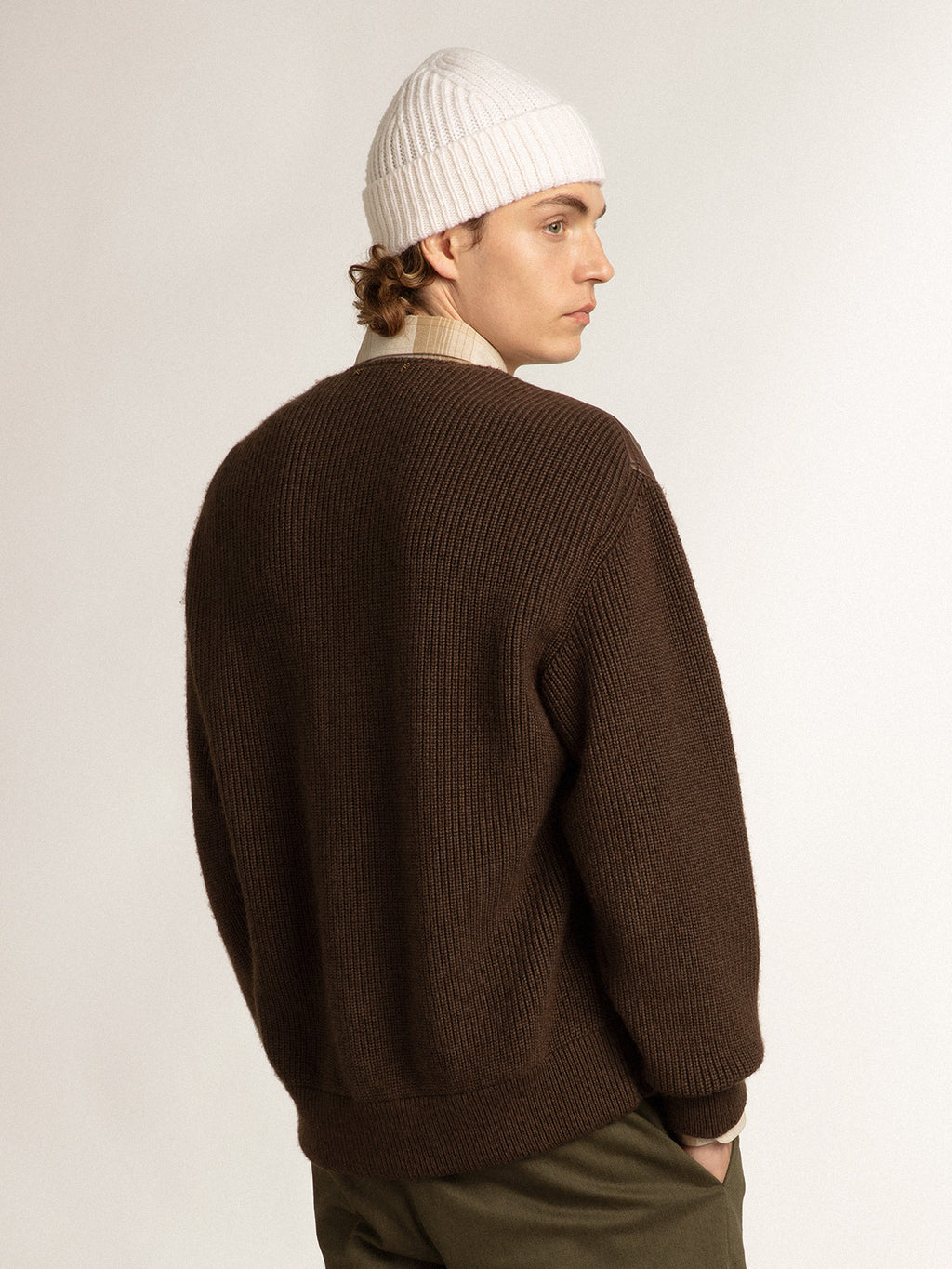 Chocolate-colored leather and knit V-neck cardigan| Golden Goose