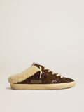 Super-Star Sabots in glitter with brown star and shearling lining| Golden Goose