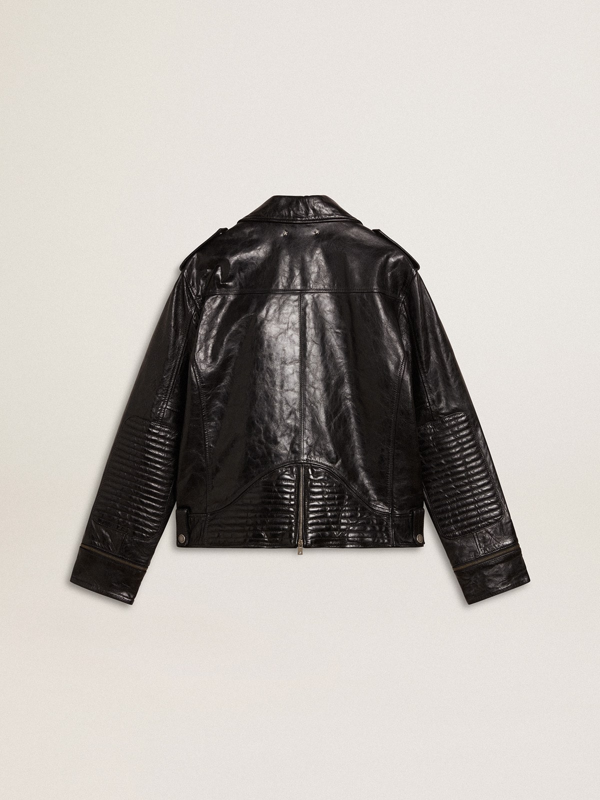 Men's black leather biker jacket with glossy effect| Golden Goose