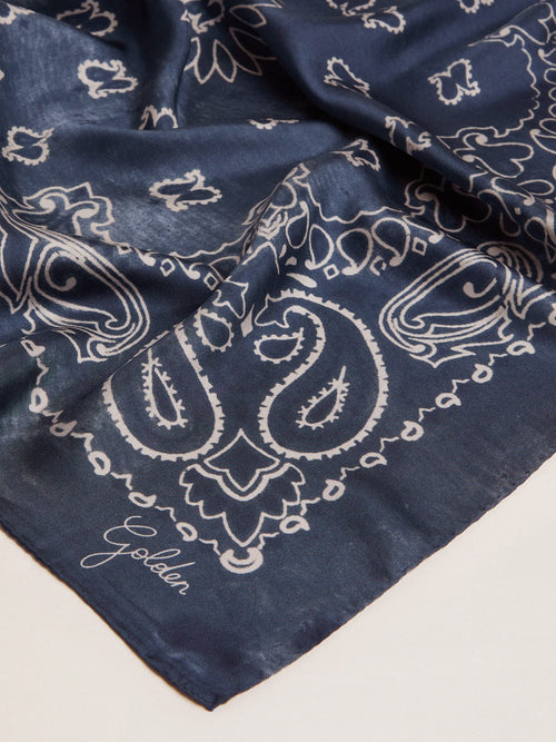 Denim-blue Golden Collection scarf with paisley pattern| Golden Goose
