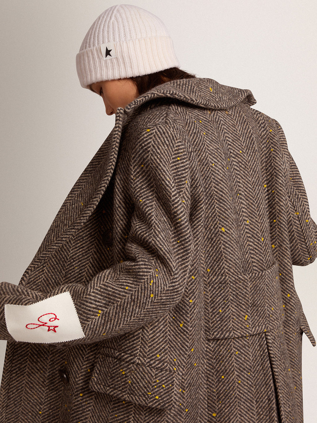 Women's long herringbone coat with yellow details| Golden Goose