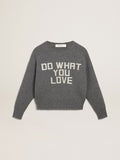 Women's gray round-neck sweater with glitter lettering| Golden Goose