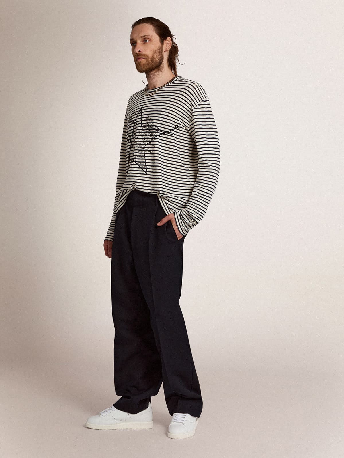 Men's T-shirt with white and blue stripes and embroidery on the front| Golden Goose