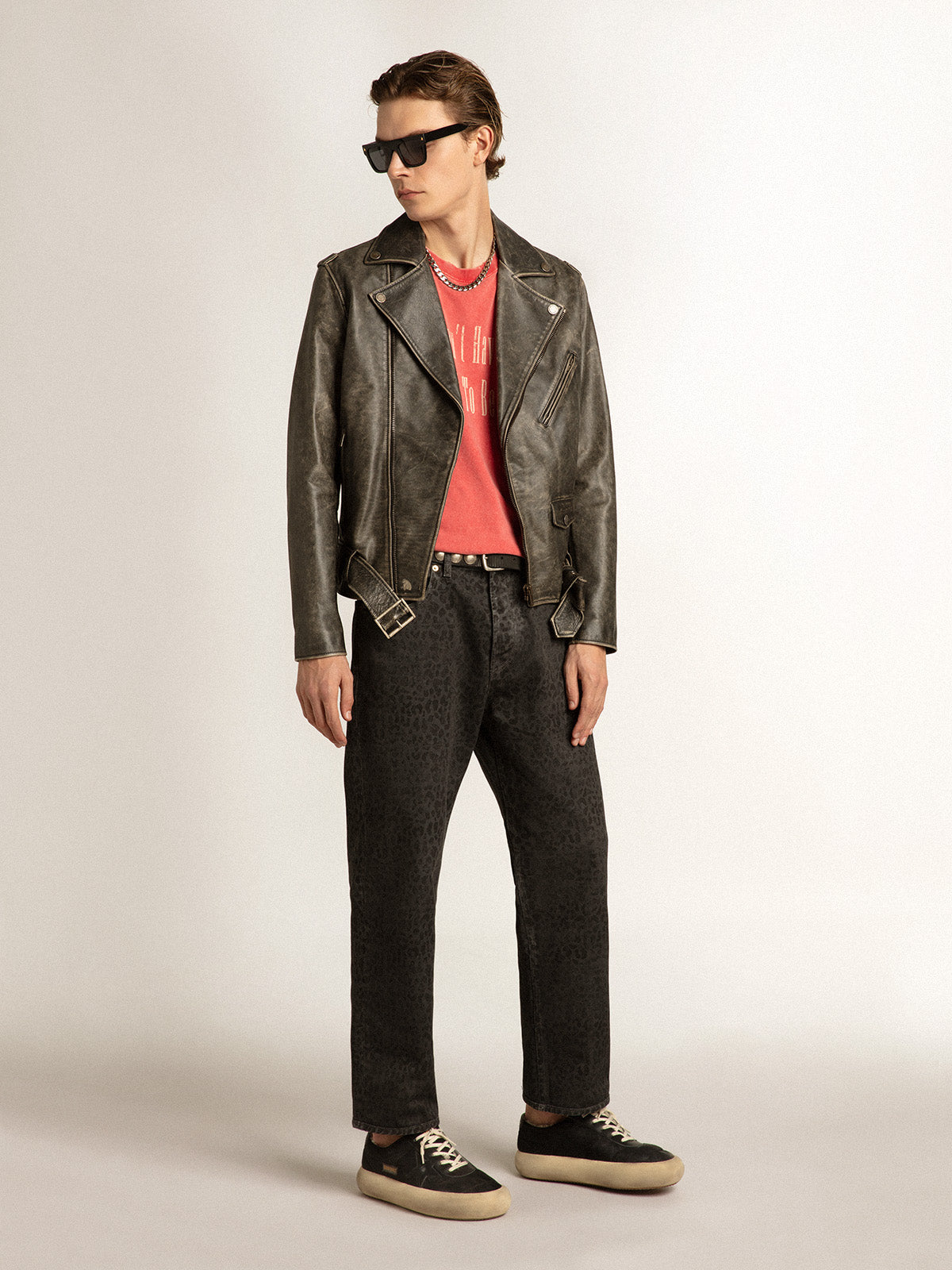 Men's gray jeans with leopard print| Golden Goose
