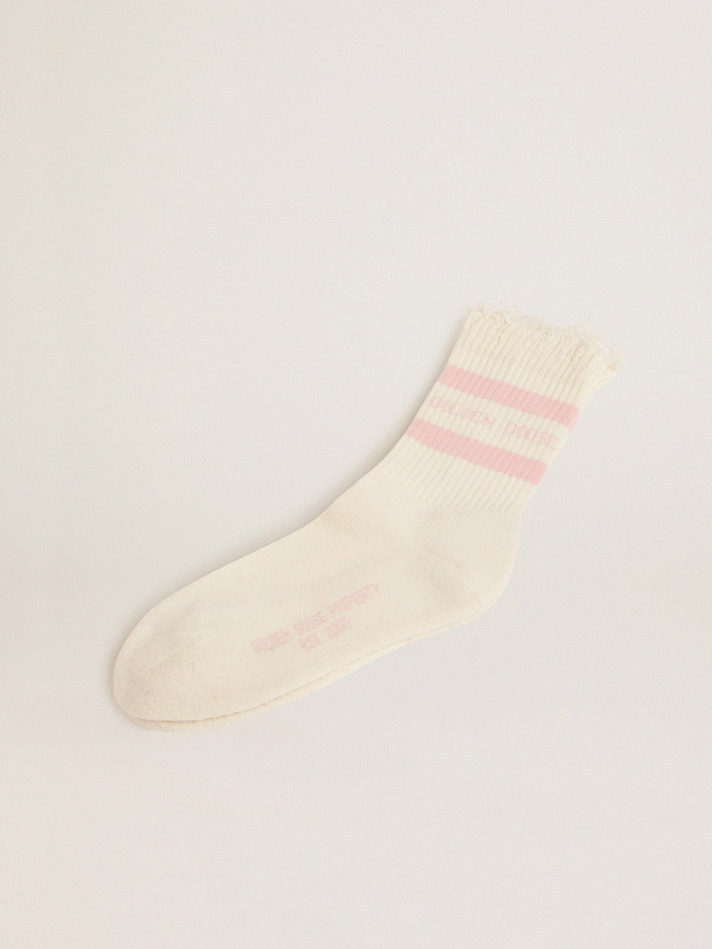 Distressed-finish white socks with baby-pink logo and stripes| Golden Goose