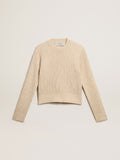 Cropped round-neck sweater in beige wool with all-over crystals| Golden Goose