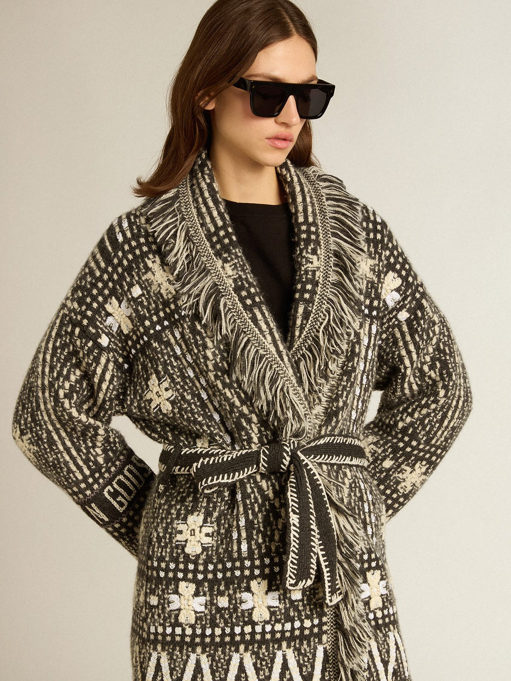 Cardigan with belt and dark gray Fair Isle pattern| Golden Goose