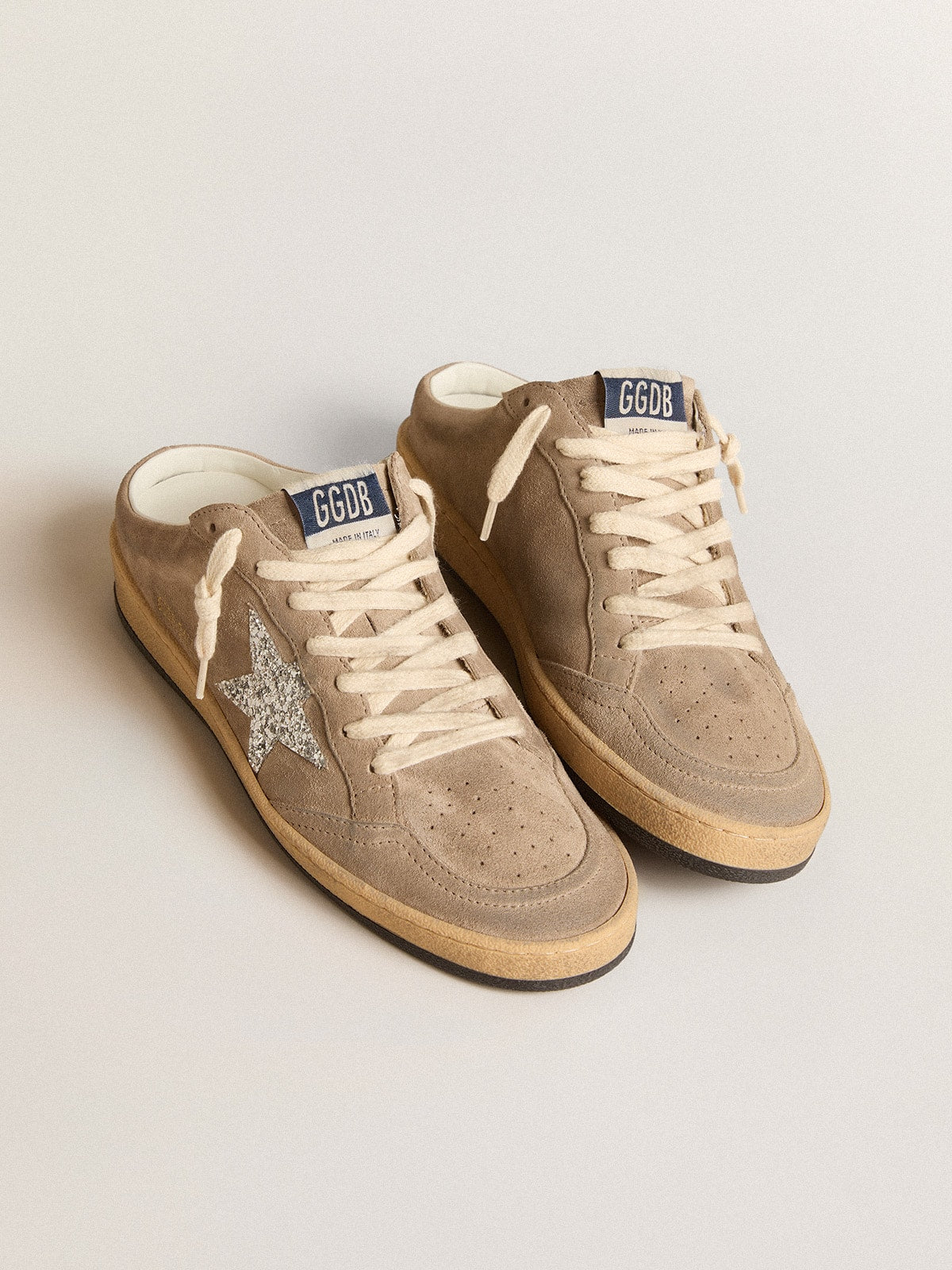 Ball Star Sabots in dove-gray suede with silver glitter star| Golden Goose