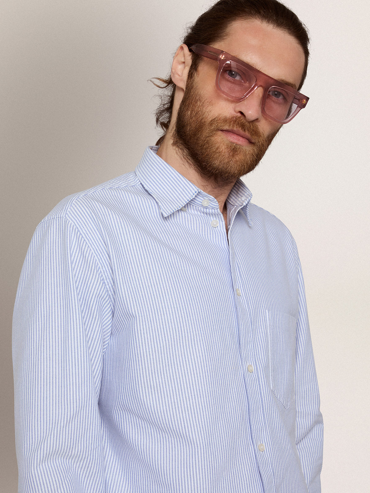 Square-style Sunframe Jamie with clear pink frame and pink lenses| Golden Goose