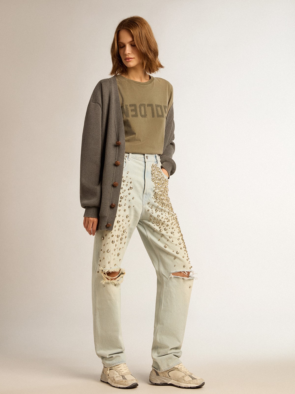 Women's olive green T-shirt with Golden lettering| Golden Goose