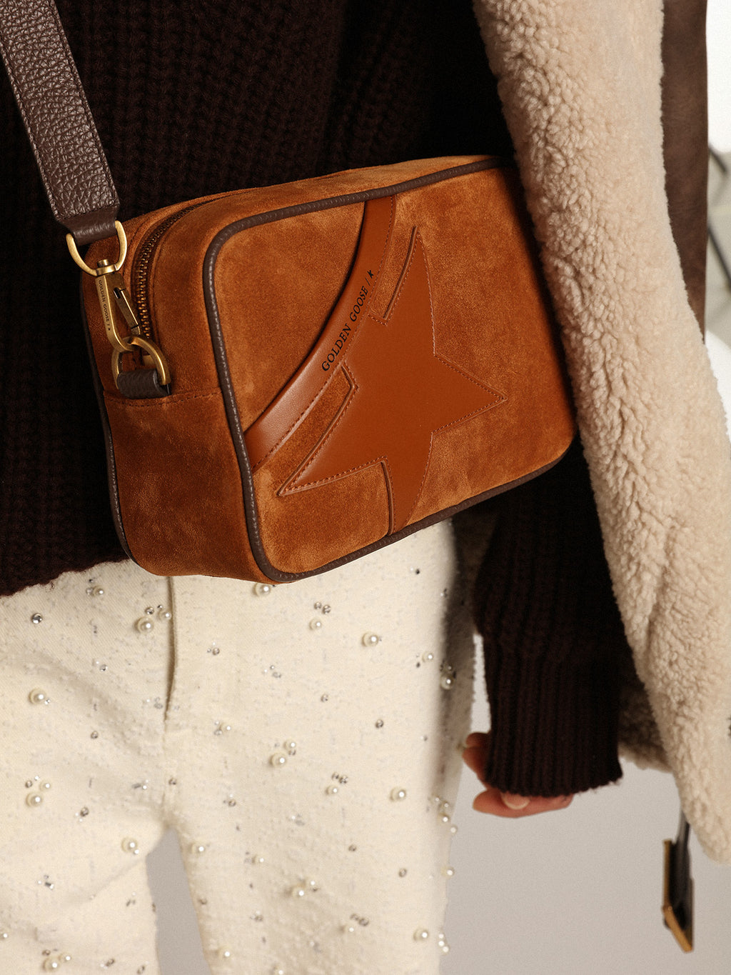 Star Bag in tobacco-colored suede with tone-on-tone leather star| Golden Goose
