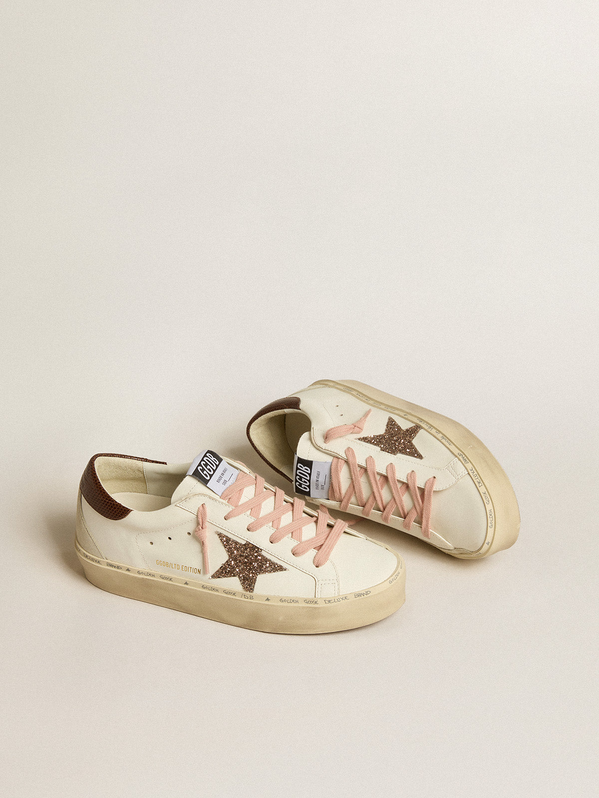 Hi Star LTD with glitter star and brown lizard-print heel tab| Golden Goose