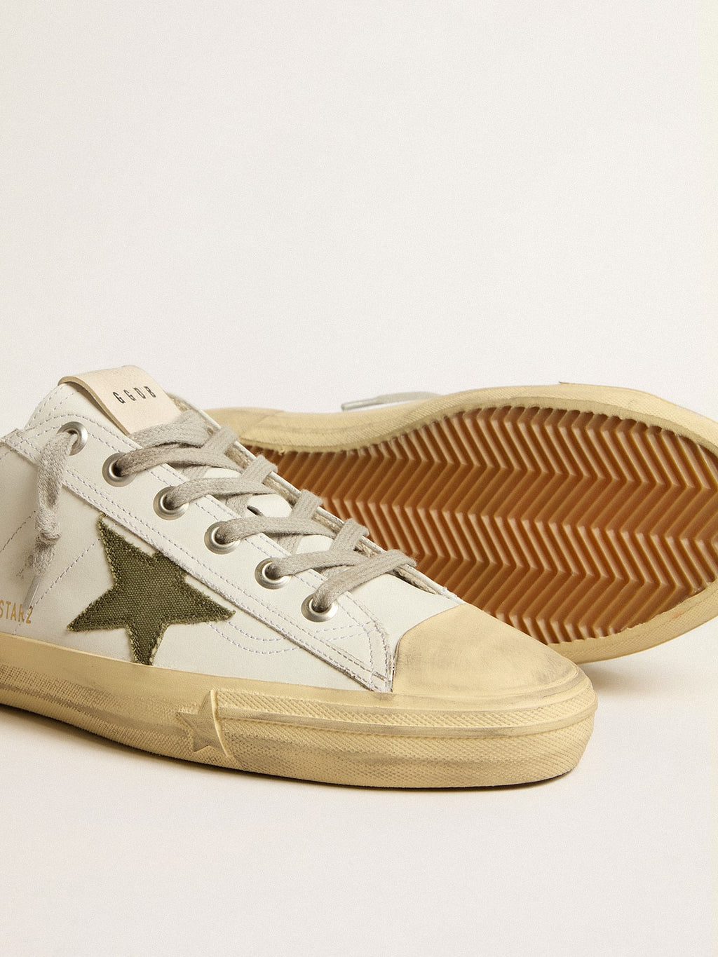 Men's V-Star in white leather with green canvas star| Golden Goose