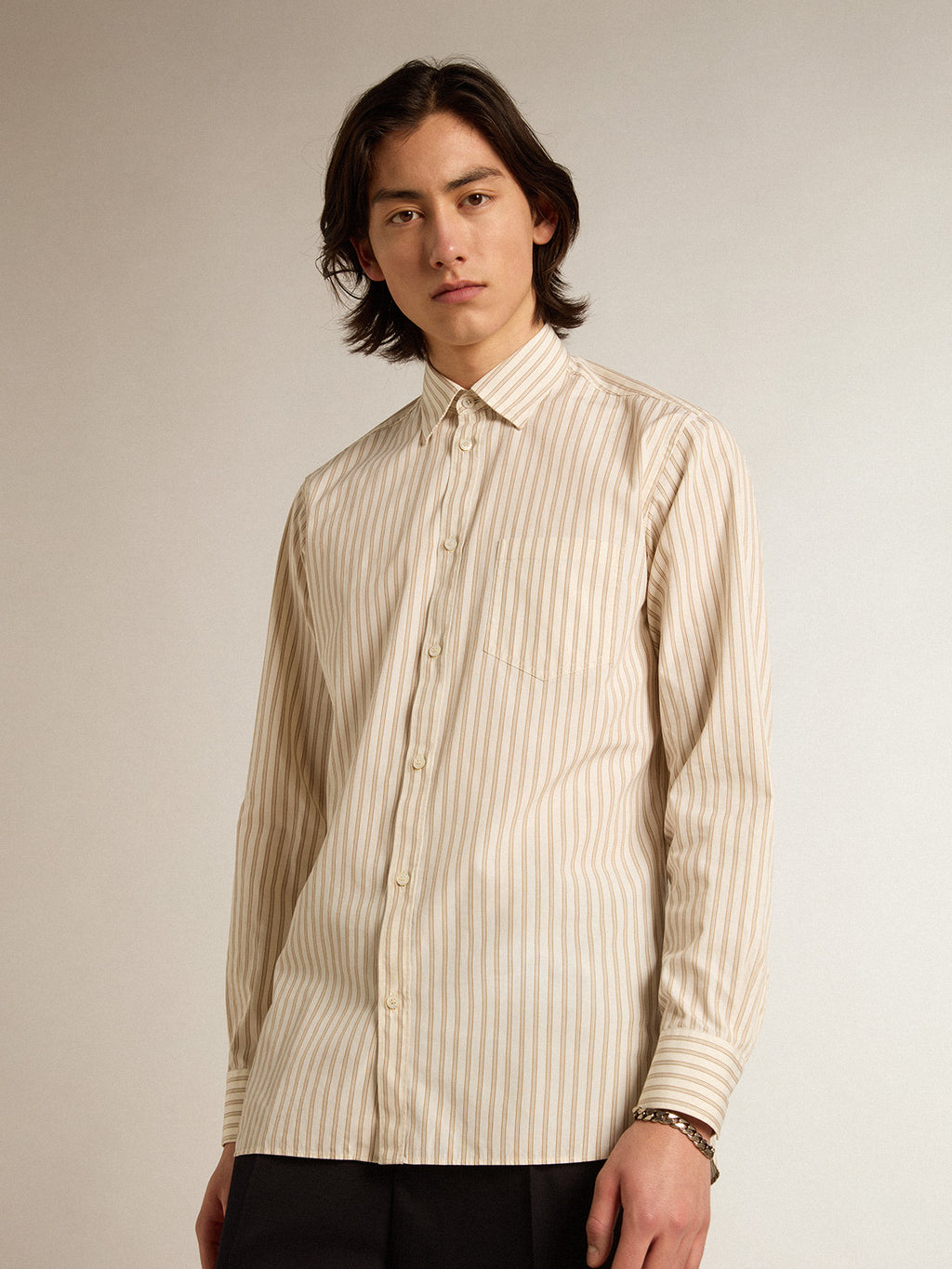 Men's white cotton shirt with beige stripes| Golden Goose