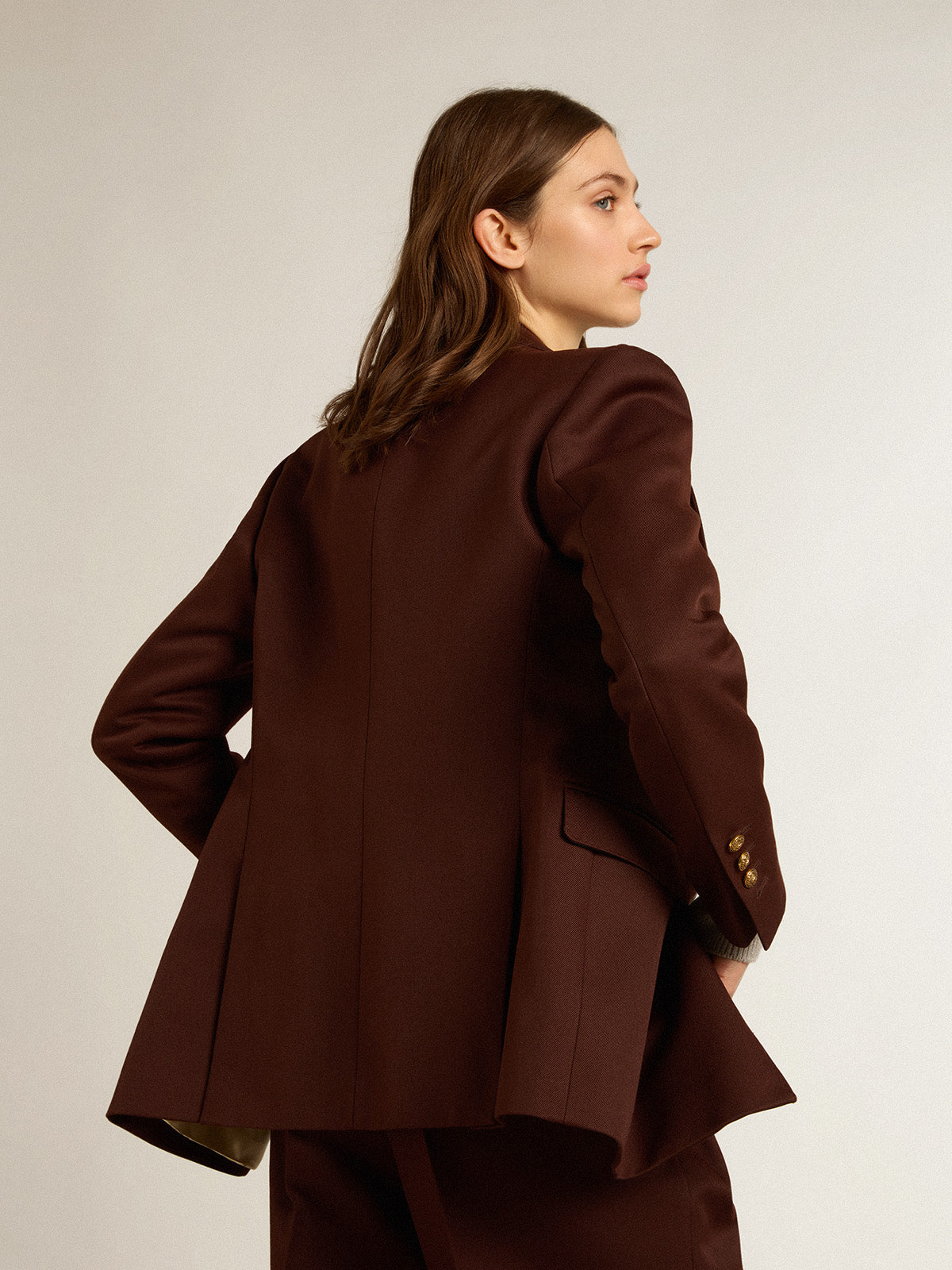 Women's double-breasted blazer in coffee-colored wool gabardine| Golden Goose