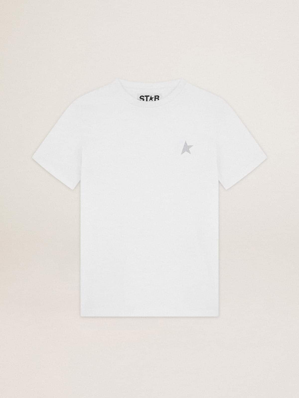 Women's white T-shirt with silver glitter star on the front| Golden Goose