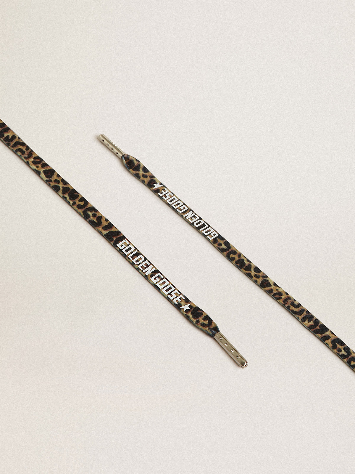 Beige and brown leopard-print laces with contrasting white logo| Golden Goose