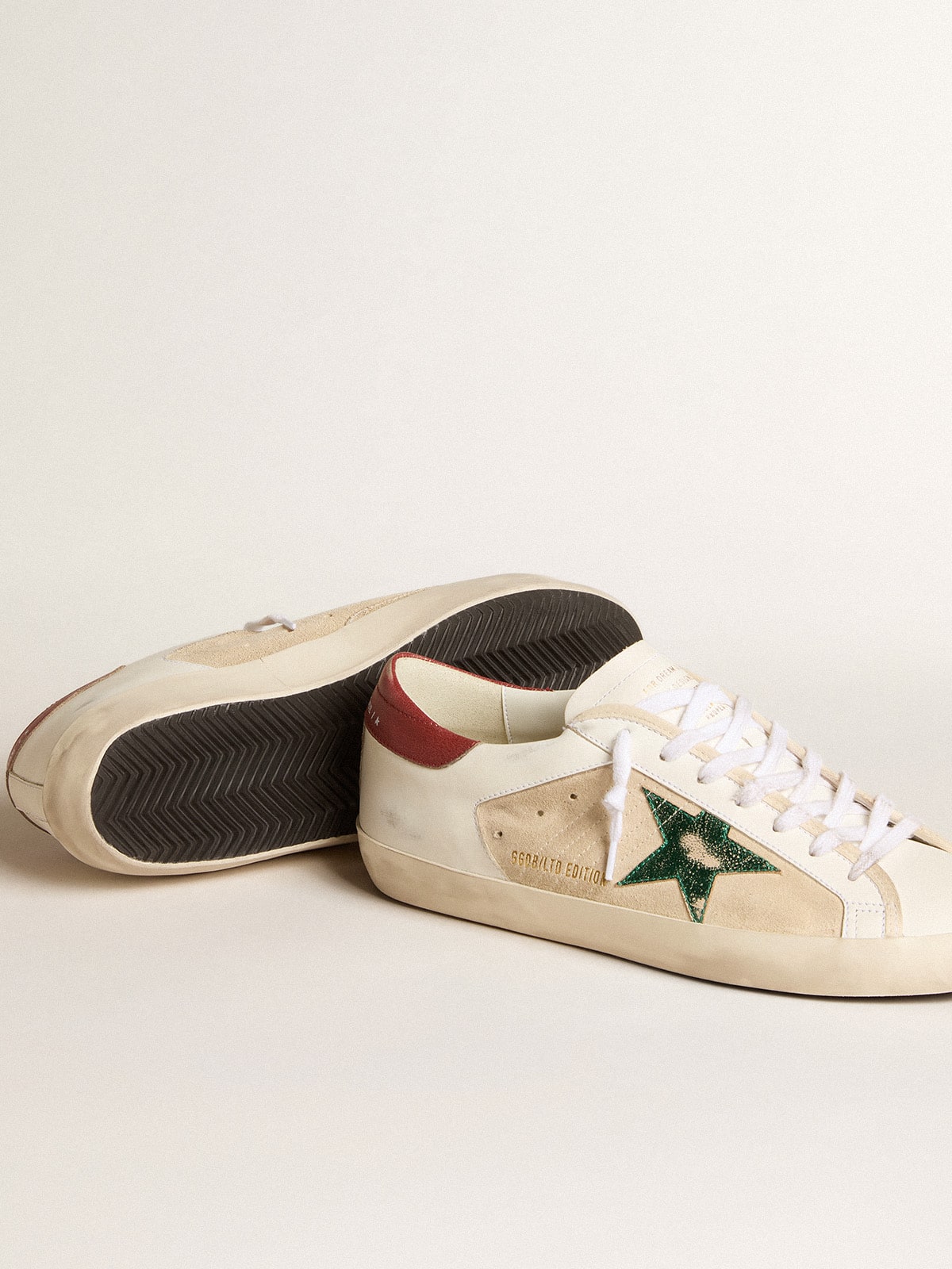 Men's Super-Star LTD in suede with green metallic star and red heel tab| Golden Goose