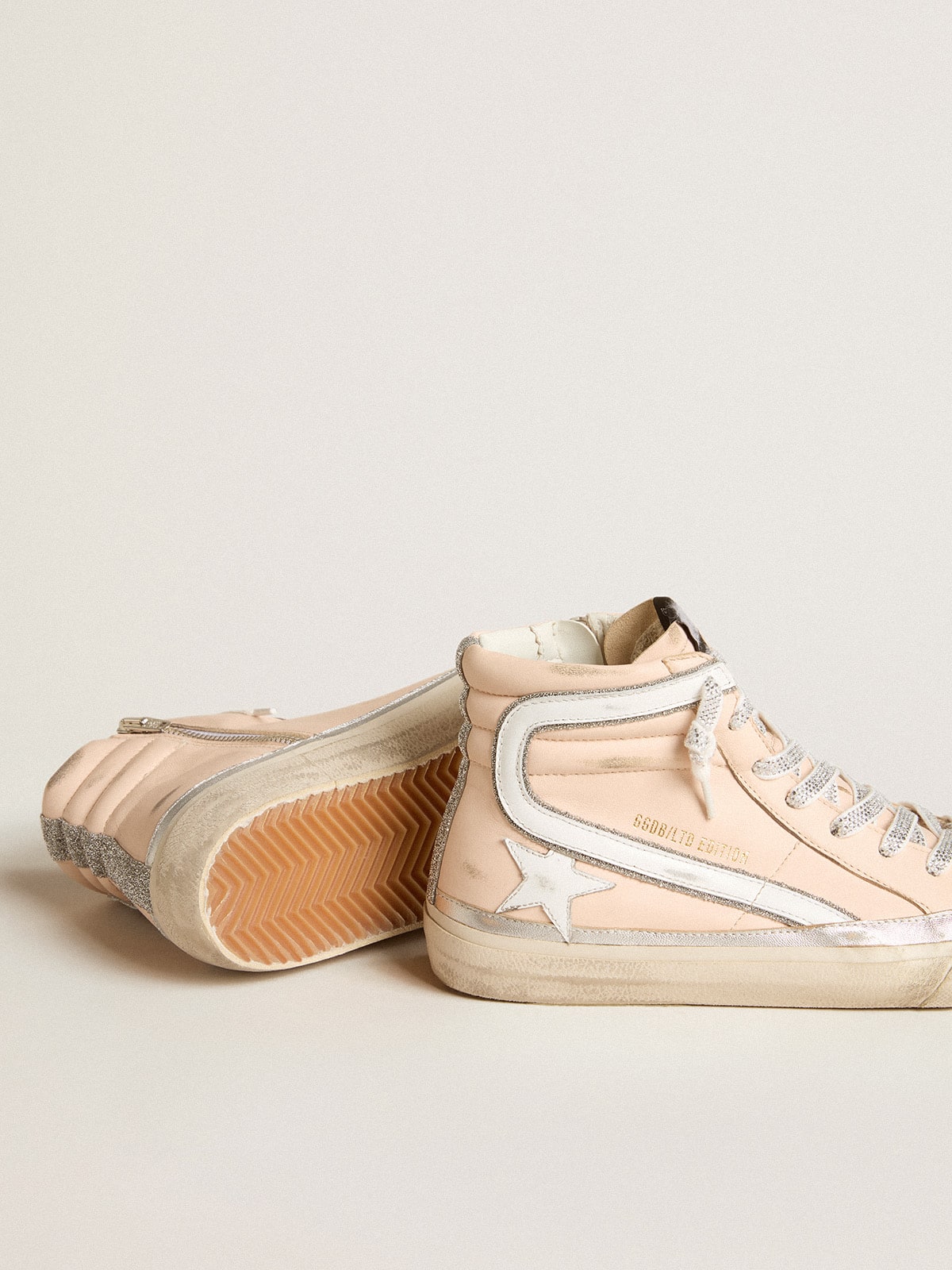 Women's Slide LTD in pink nappa leather with white star and Swarovski inserts| Golden Goose