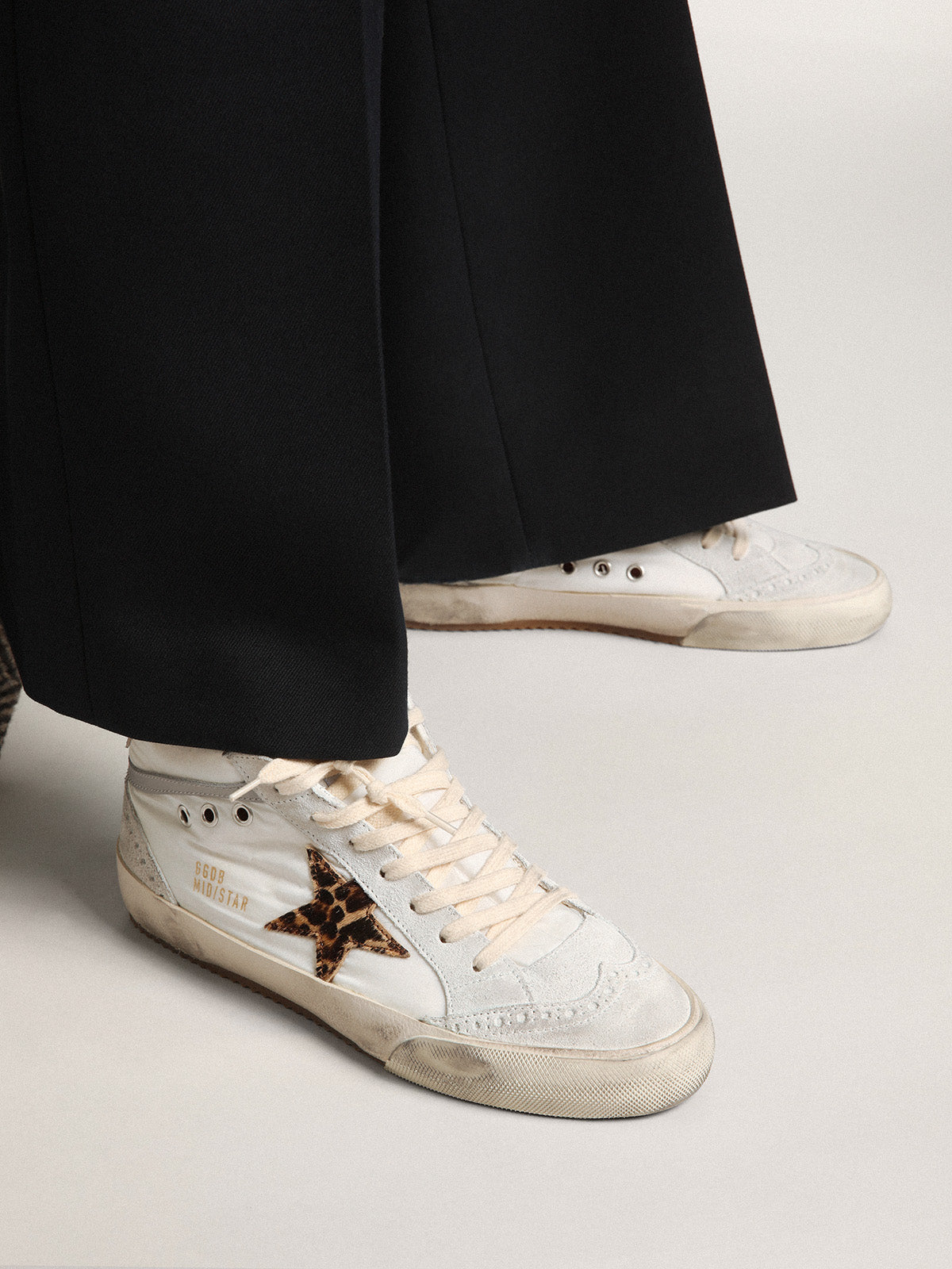 Women's Mid Star LTD in white nylon with leopard print pony skin star| Golden Goose