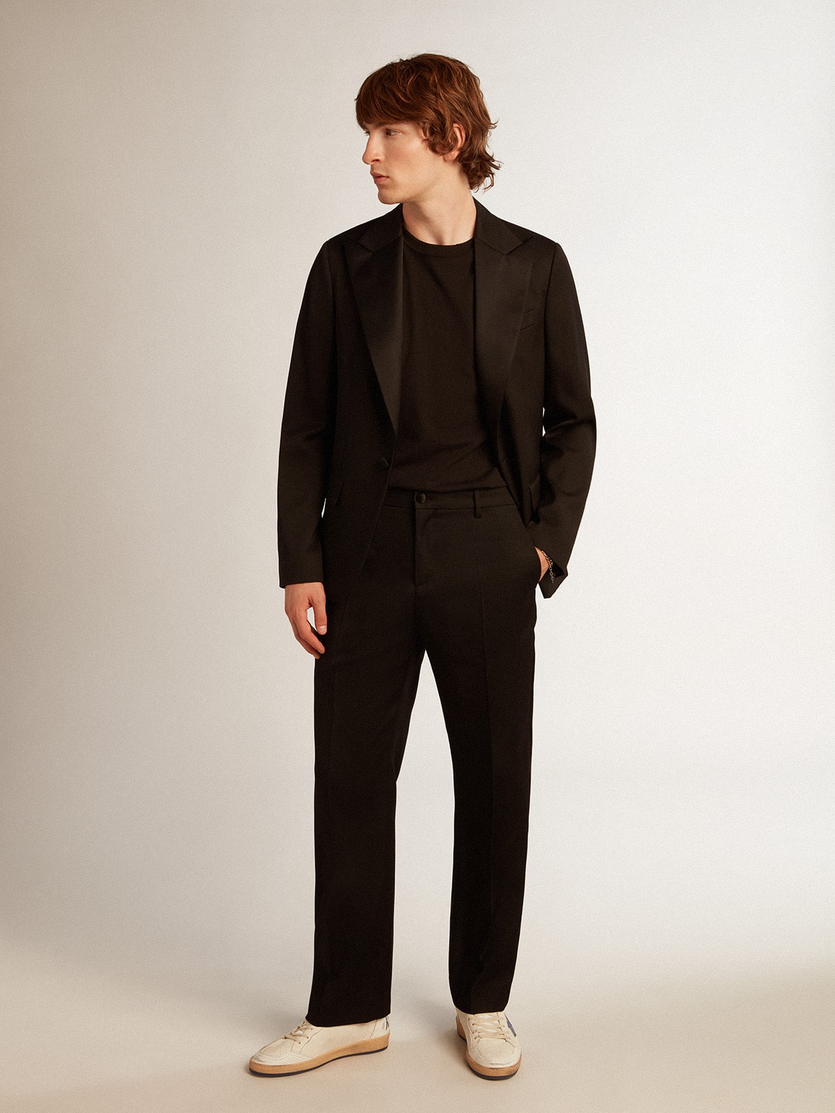 Men's tuxedo pants in black wool gabardine