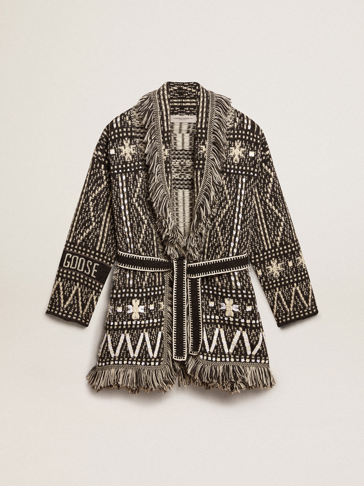 Cardigan with belt and dark gray Fair Isle pattern| Golden Goose