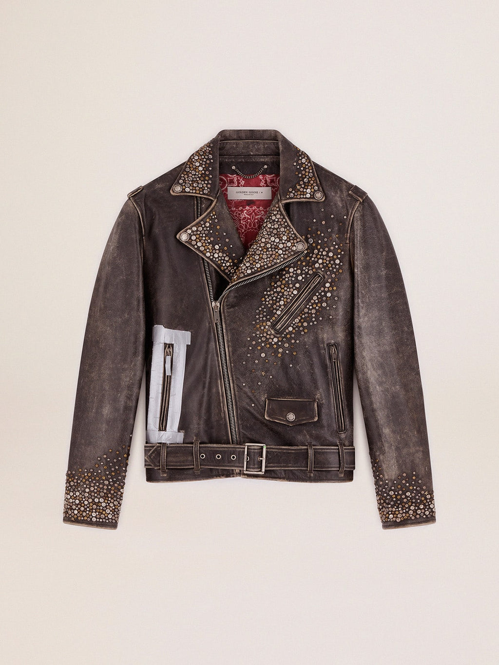 Men's leather biker jacket with hammered studs and adhesive tape| Golden Goose