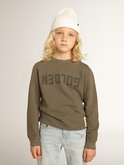 Distressed olive-green sweatshirt with Golden lettering on the front| Golden Goose