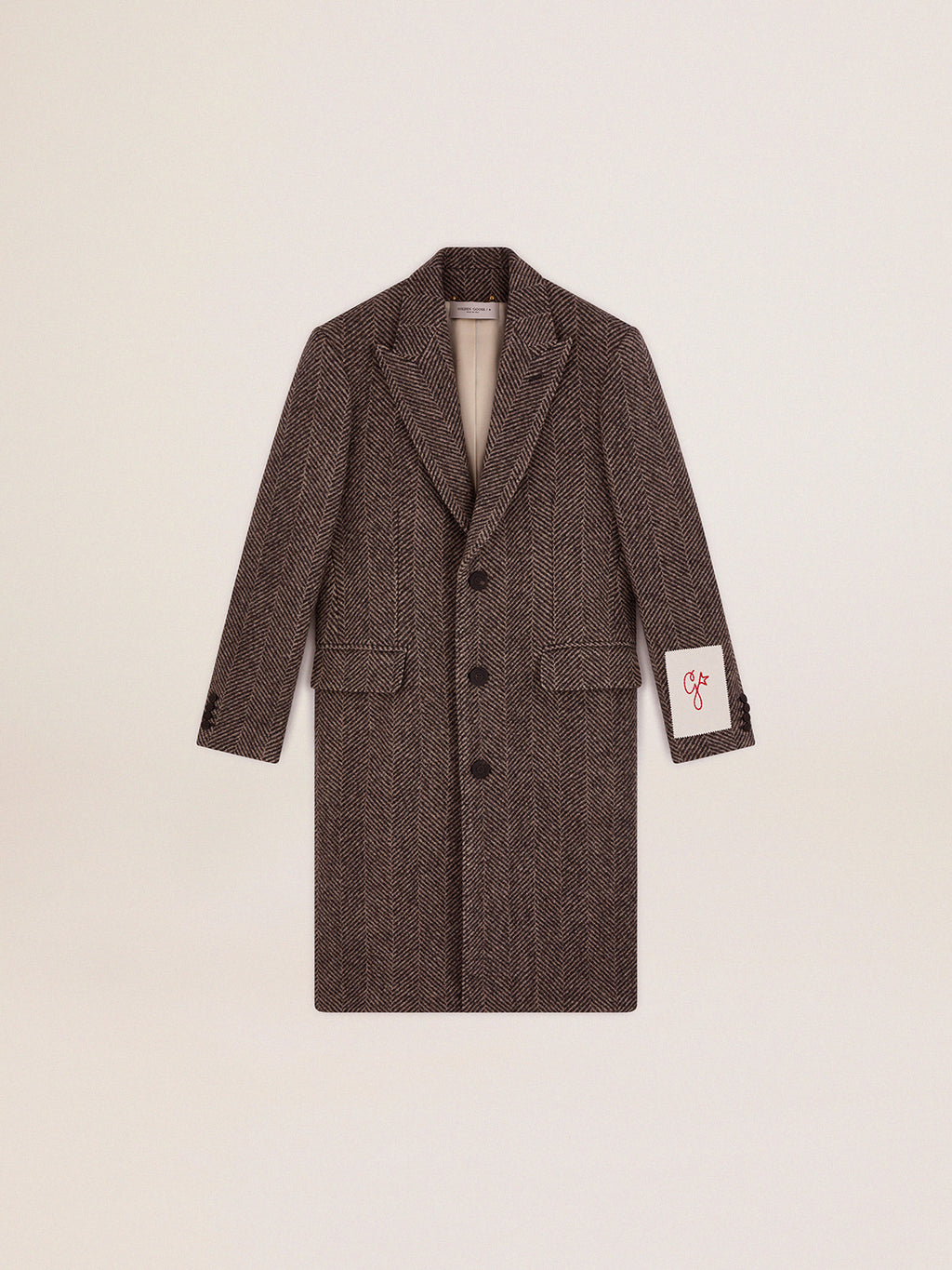 Men's single-breasted wool coat with beige and gray herringbone weave| Golden Goose