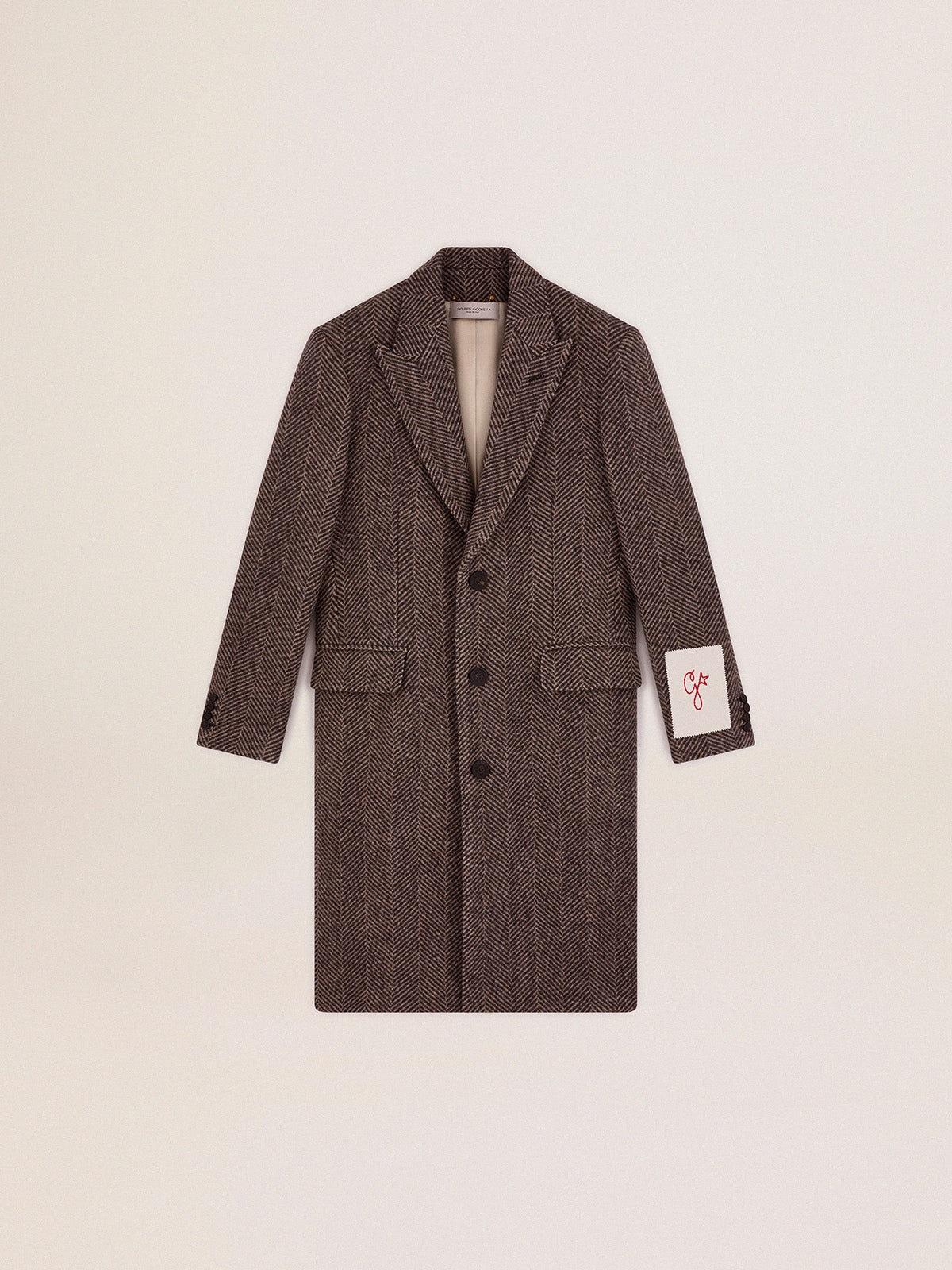 Men's single-breasted wool coat with beige and gray herringbone weave| Golden Goose