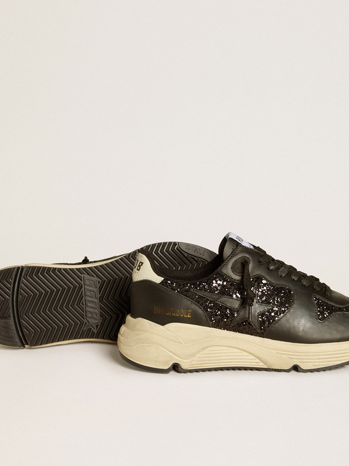 Women's Running Sole in black glitter with leather star and nubuck heel tab| Golden Goose