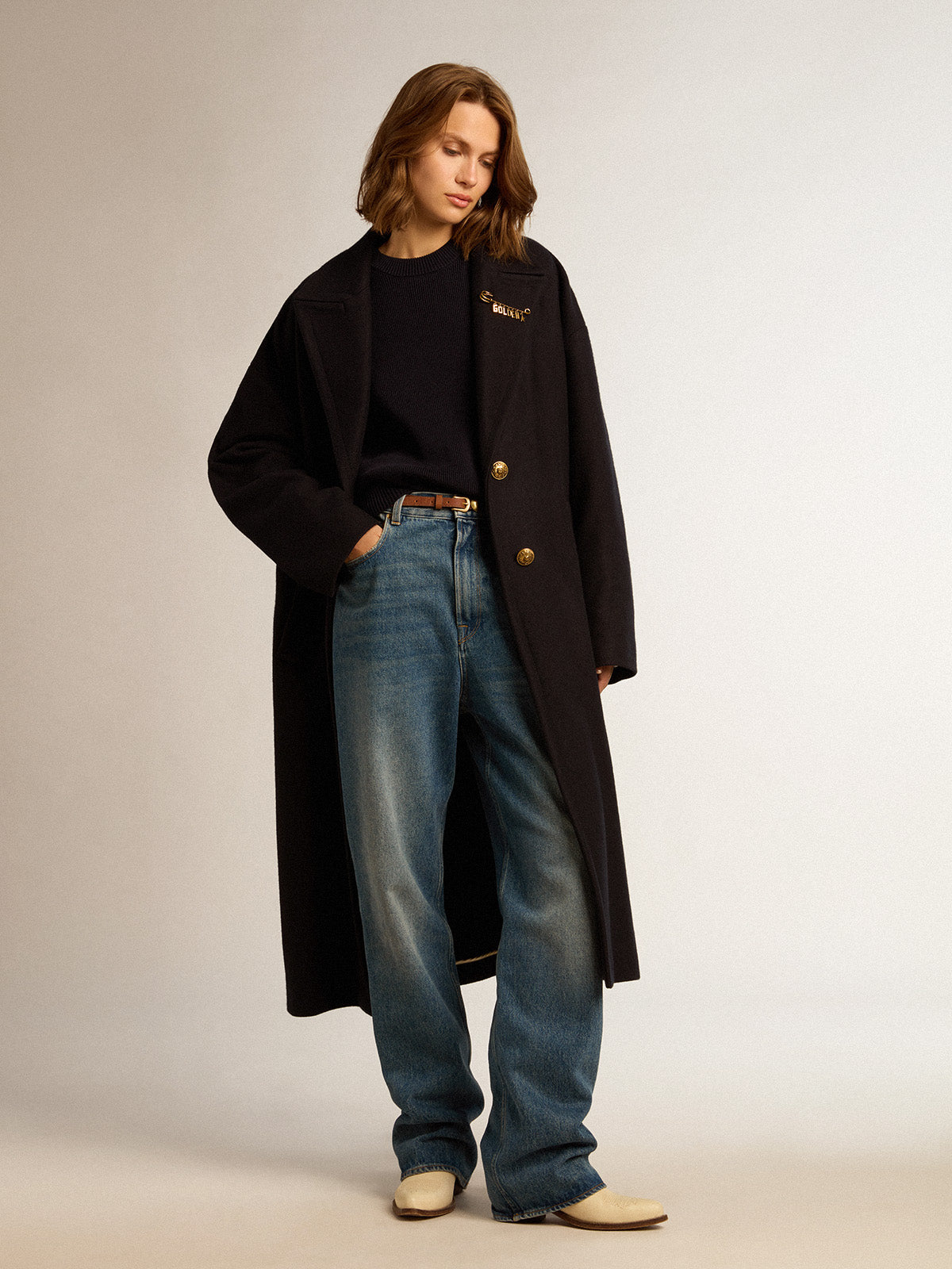 Women's round-neck sweater in dark blue cotton with logo on the back| Golden Goose