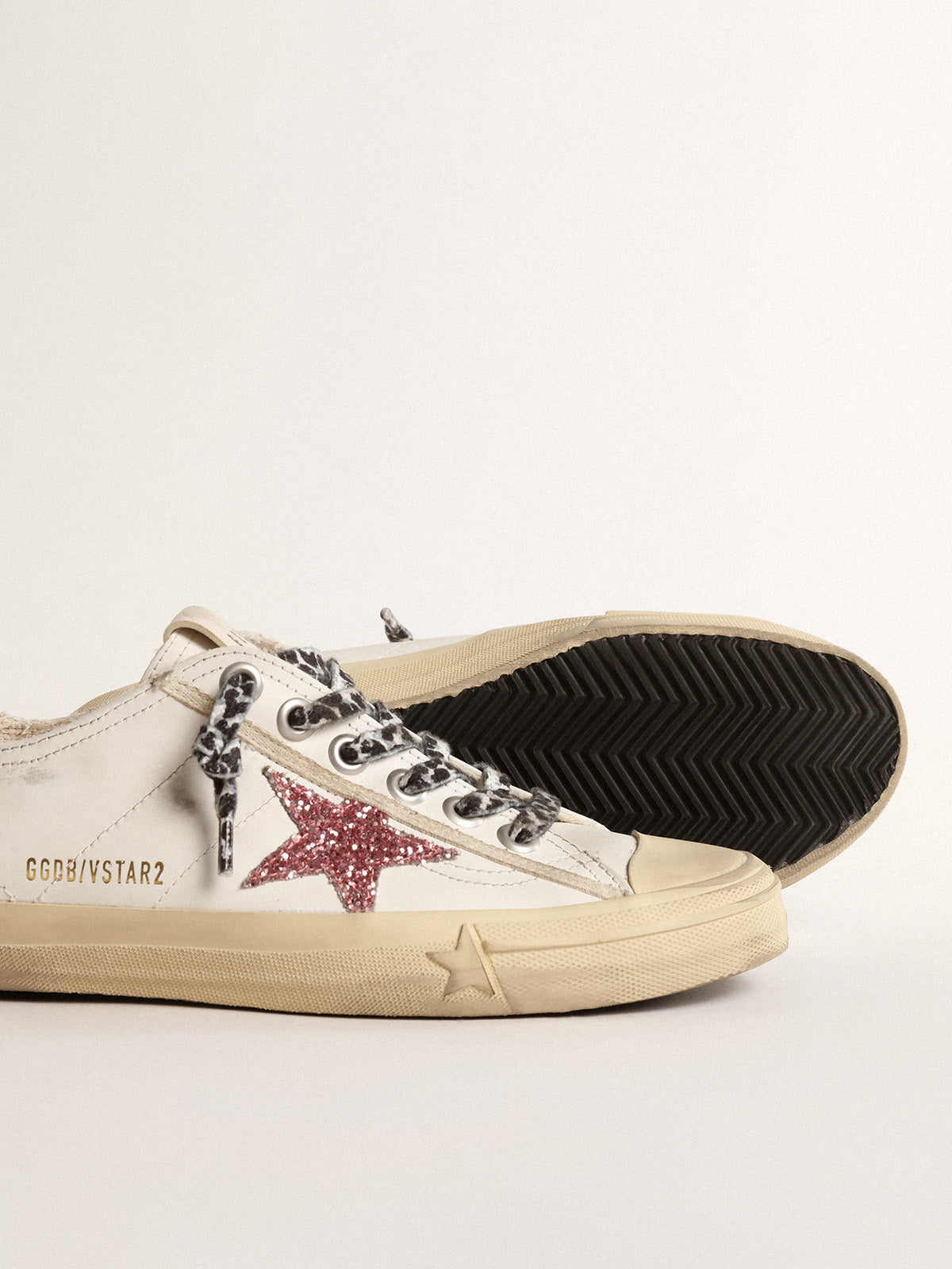 V-Star with pink glitter star and metallic leather heel tab| Golden Goose
