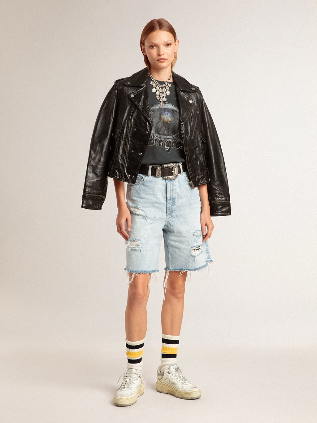 Women's Bermuda shorts in lived-in effect denim| Golden Goose