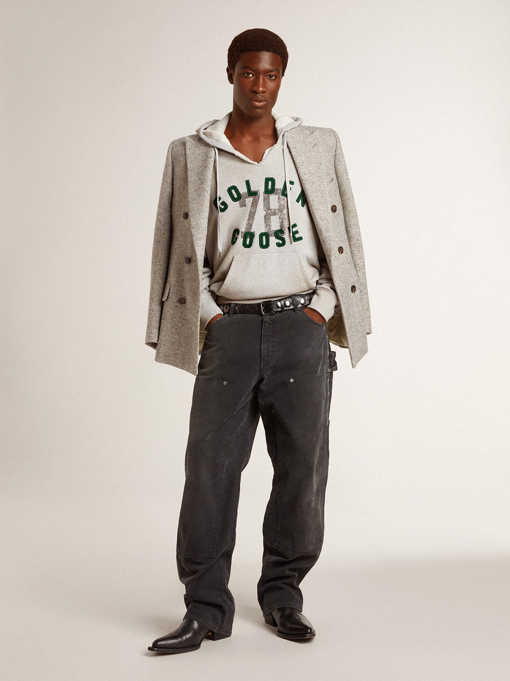 Men's double-breasted jacket in gray silk and chevron wool| Golden Goose