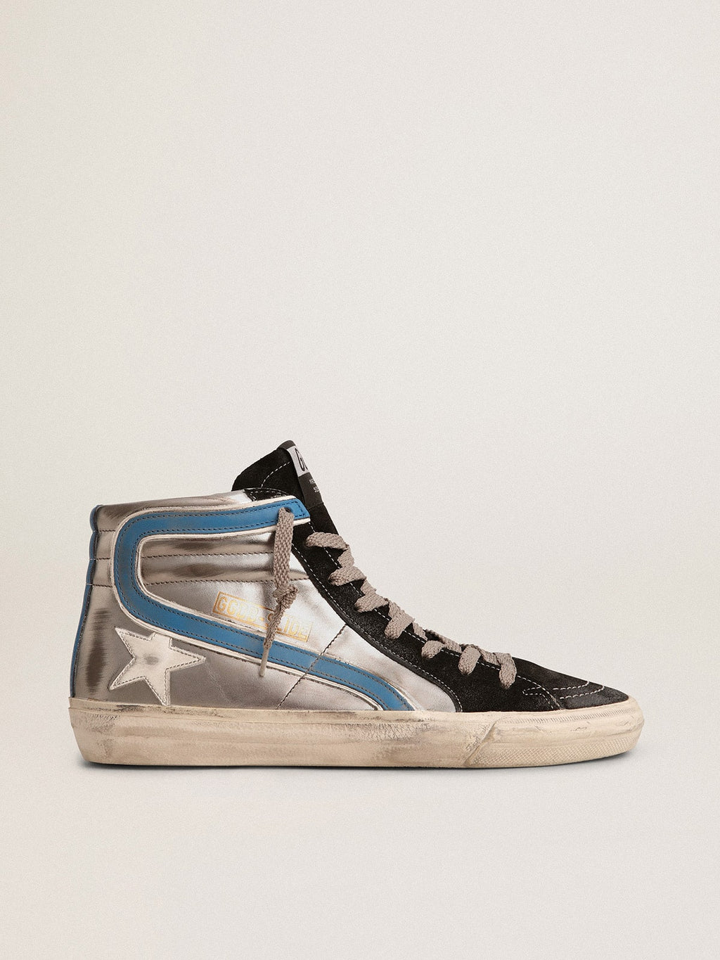Slide in silver metallic leather with white leather star| Golden Goose