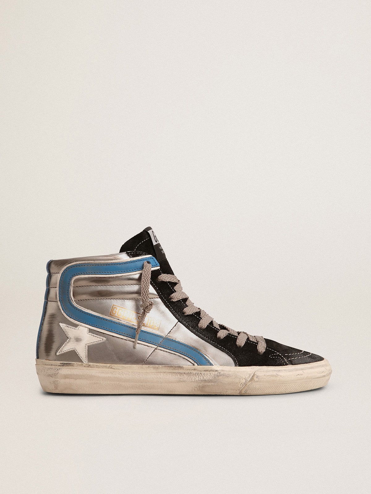 Slide in silver metallic leather with white leather star| Golden Goose
