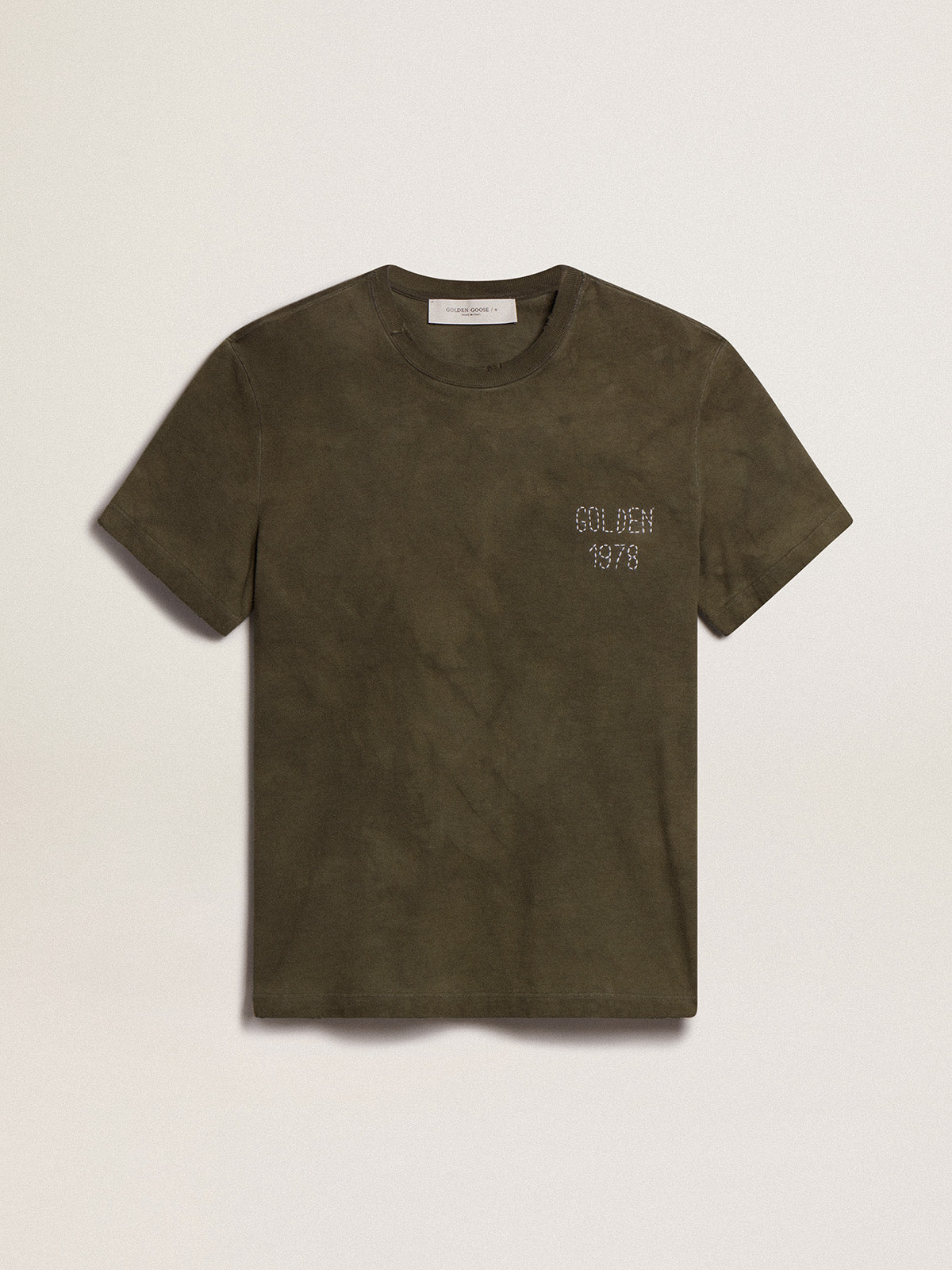 Beech-colored cotton T-shirt with embroidery on the front| Golden Goose