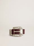 Women's belt in burgundy leather with decorated silver buckle| Golden Goose