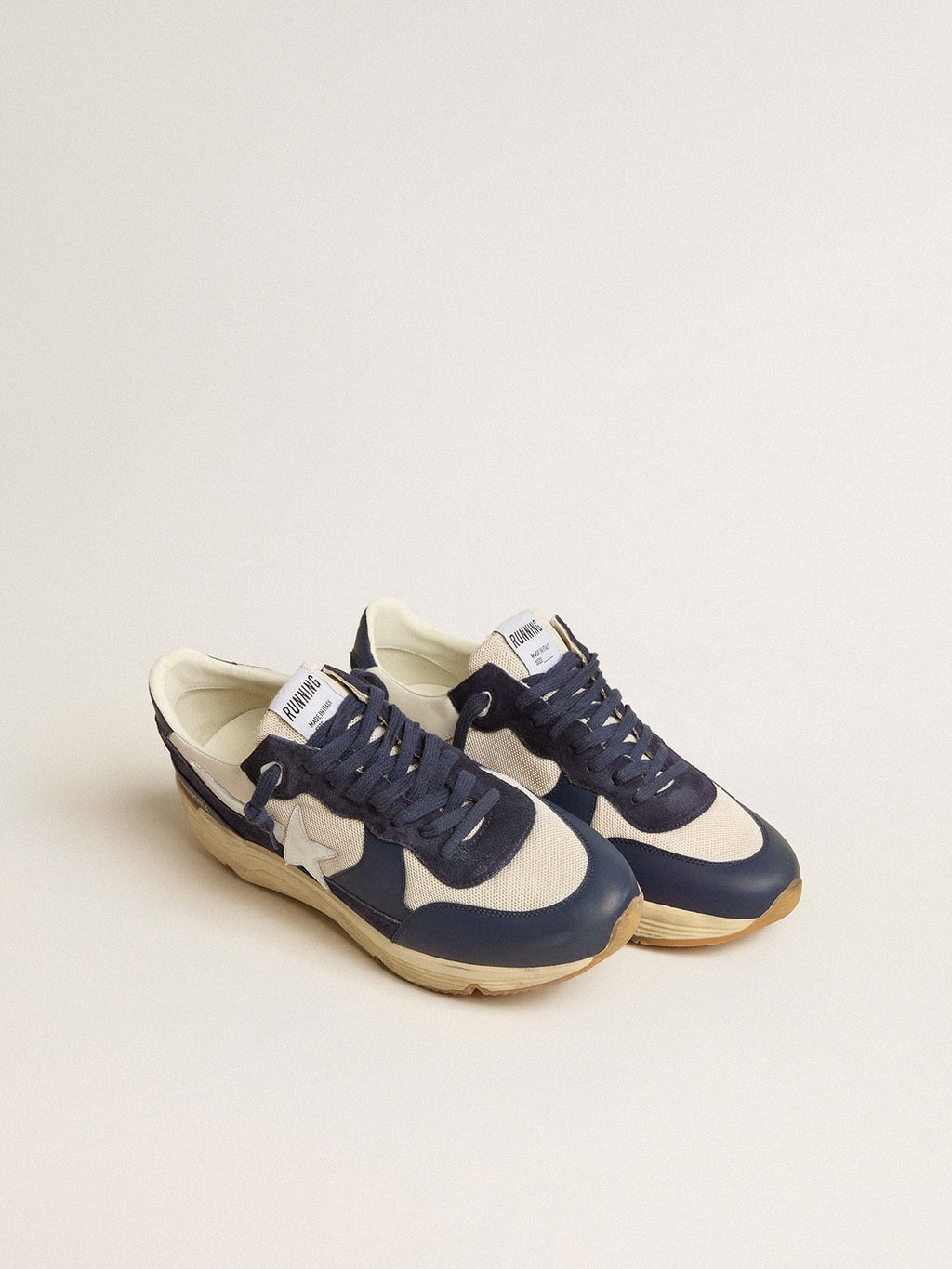 Running Sole in cream mesh and blue leather with a white leather star| Golden Goose