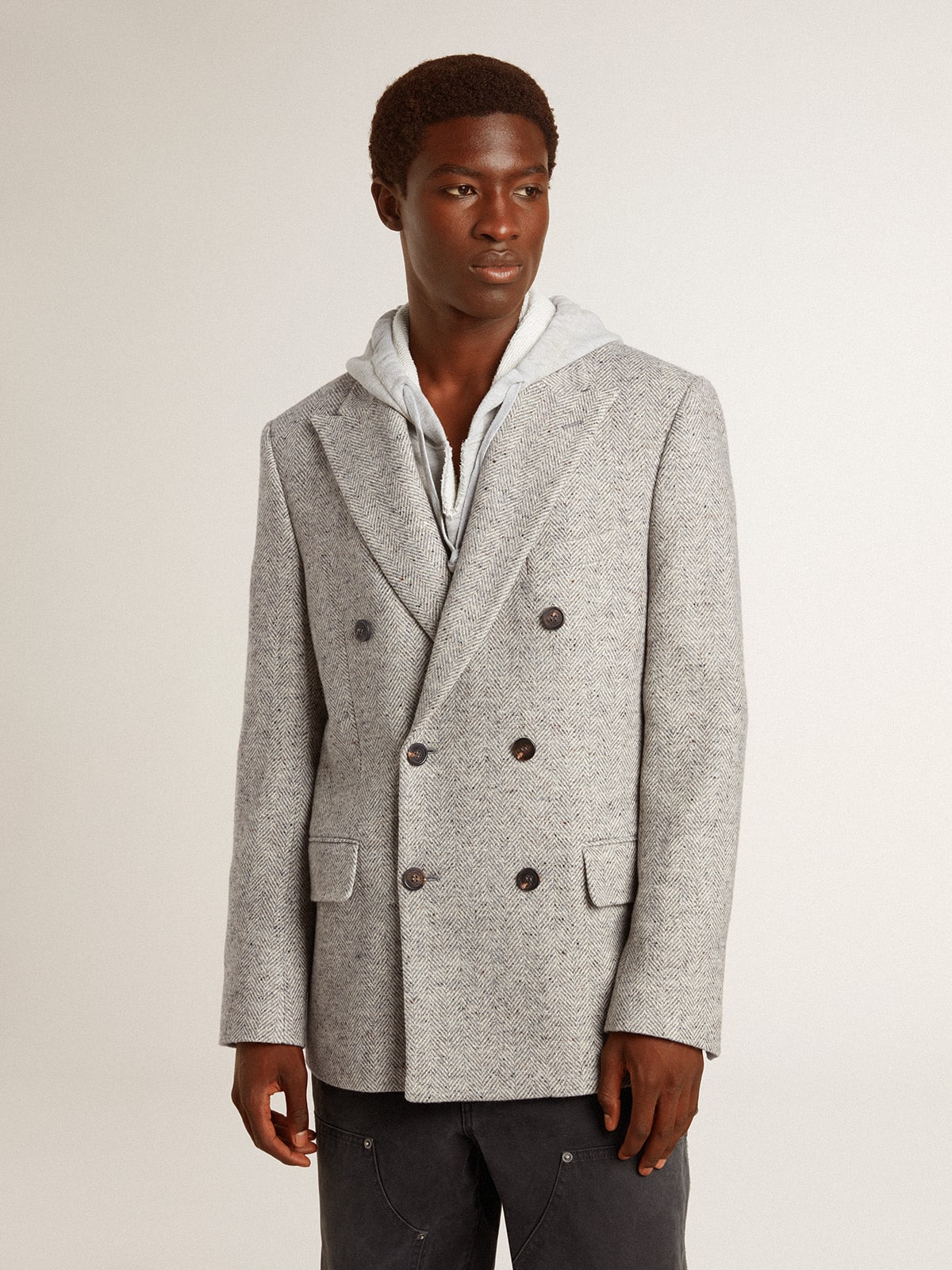 Men's double-breasted jacket in gray silk and chevron wool| Golden Goose