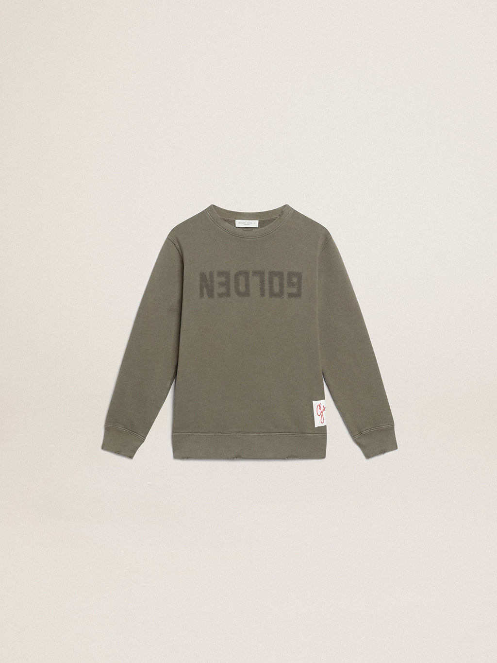 Distressed olive-green sweatshirt with Golden lettering on the front| Golden Goose