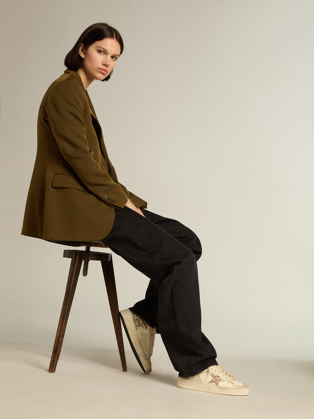 Stardan in ecru nappa leather with gold glitter star and heel tab| Golden Goose